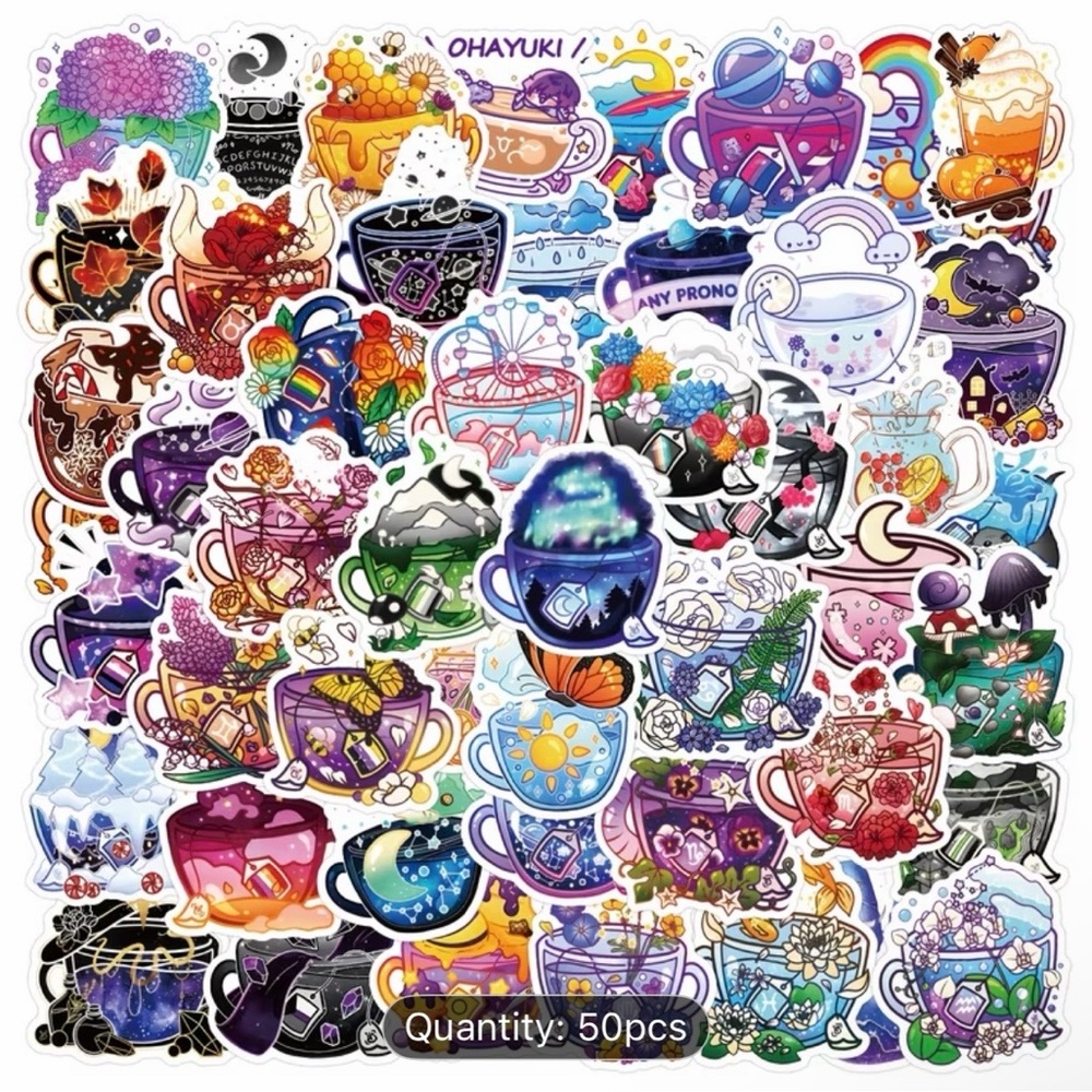 (50) Colorful Tea Cup Stickers